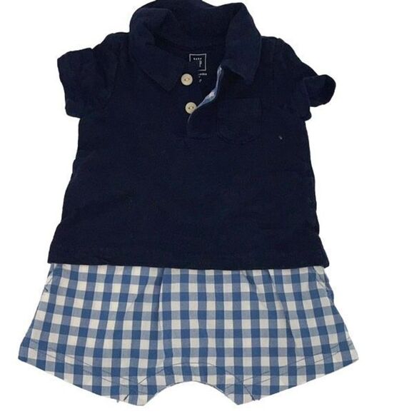 Baby Gap Blue Gingham Romper Polo & Old Navy White Printed Bodysuit Set Sz 3 Mos - Picture 2 of 5